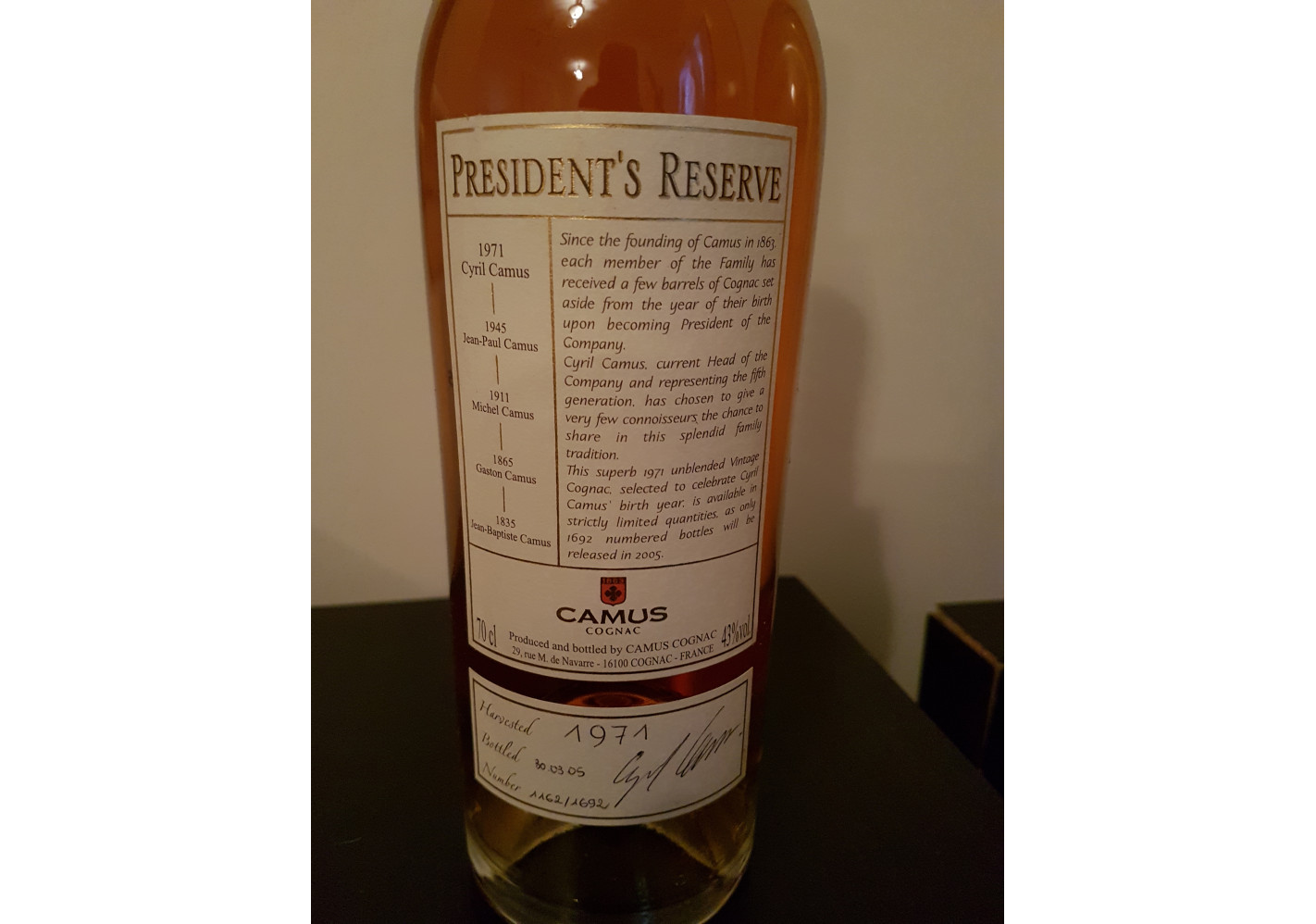 President's Reserve Millesime Vintage 1971 - Camus Cognac