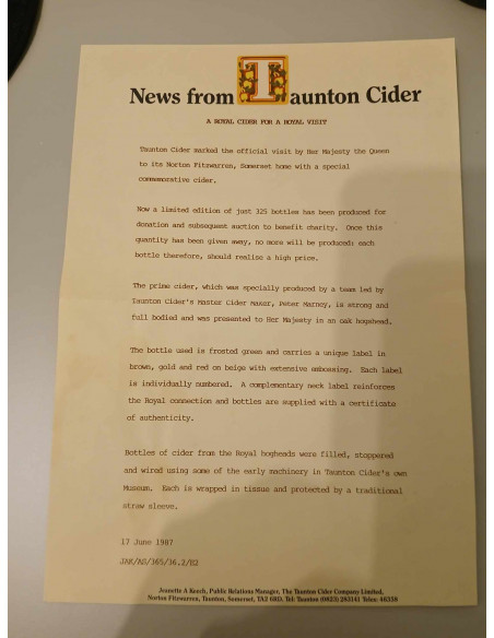 Taunton Cider Limited Edition Commemorative Cider from May 8th 1987 014