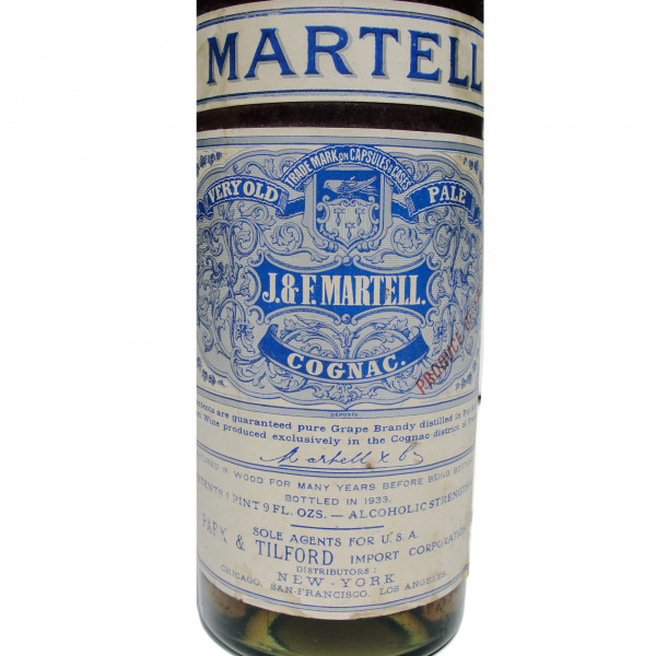Martell Cognac 1933, pale grape brandy, J. & F. Martell, blue label, sold in usa for Park and Tilford import..5